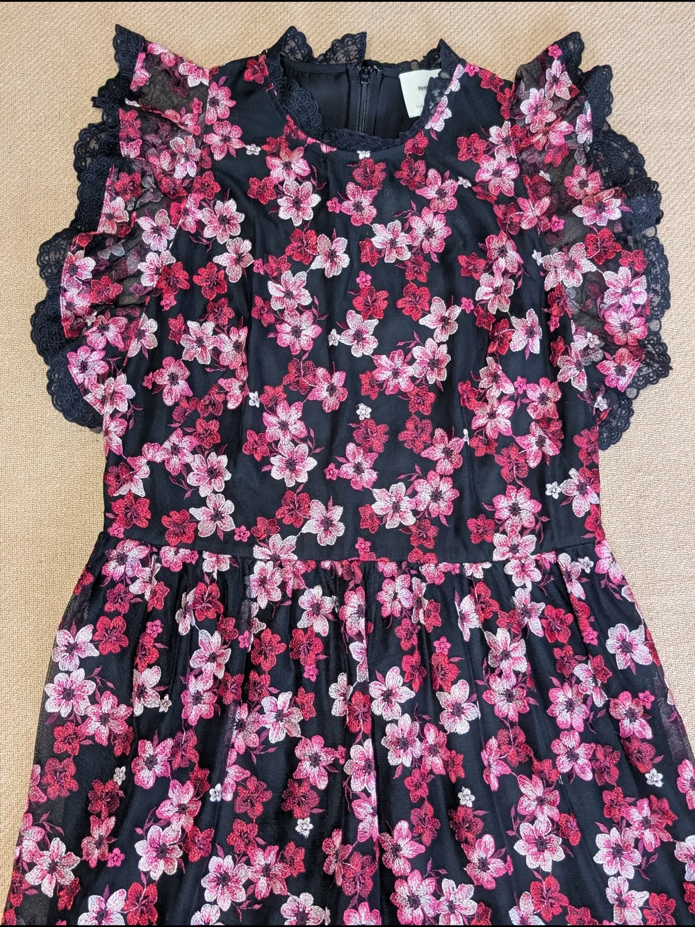 Kate Spade Black and Pink Floral Embroidered Tulle Flutter Sleeve Mini Dress